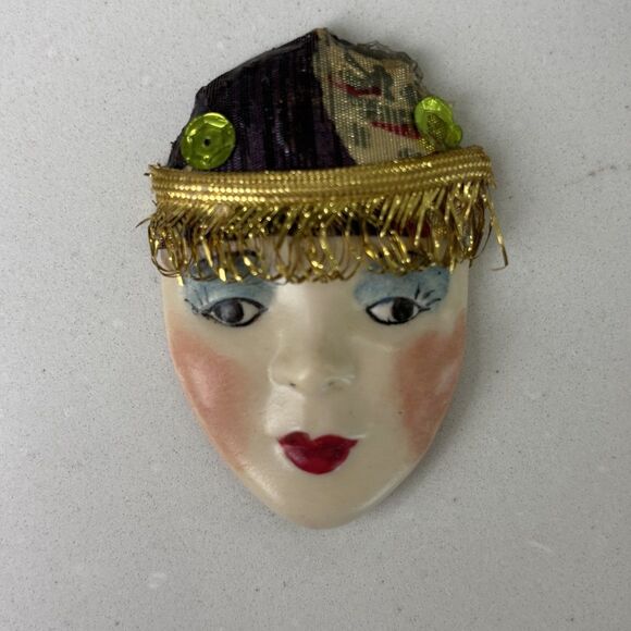 Hand Crafted Jewelry - Vtg Porcelain Pin Brooch Art Deco Woman’s Face Handpainted Flapper Girl Artsy